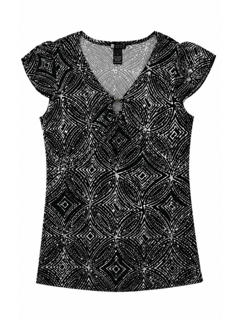 Carole Little Women's Black White Geometric Blouse L Cap Sleeve Made USA Stretch